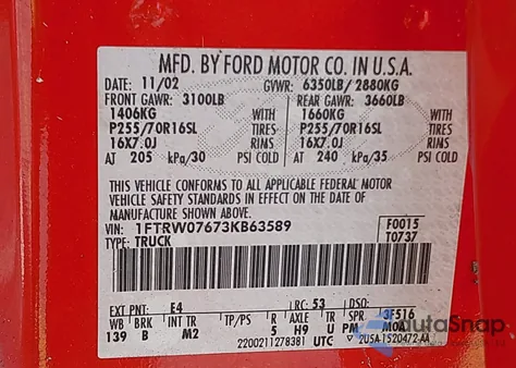 2003 Ford F-150 Lariat/Xlt from USA, damaged, VIN 1FTRW07673KB63589